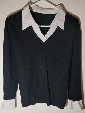 Black Layered-Look Sweater with White Collar & Cuffs – Preppy Style